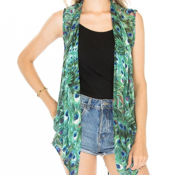 Women's fancy sleeveless Peacock Print Chiffon Fabric Bohemian Scarf Vest - Picture 1 of 5